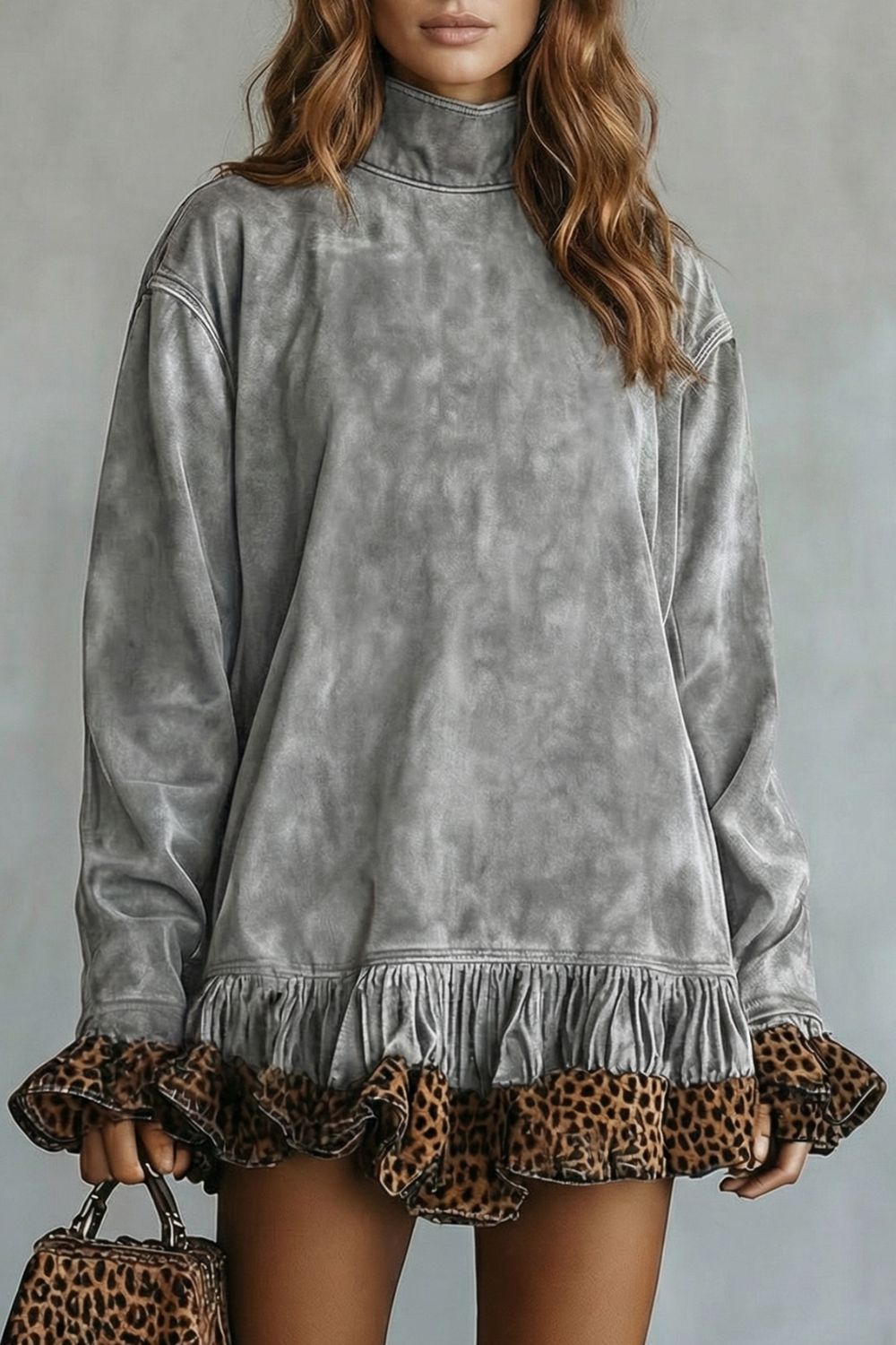 Selvatta – Mini-abito in suede con stampa leopardata e rouches