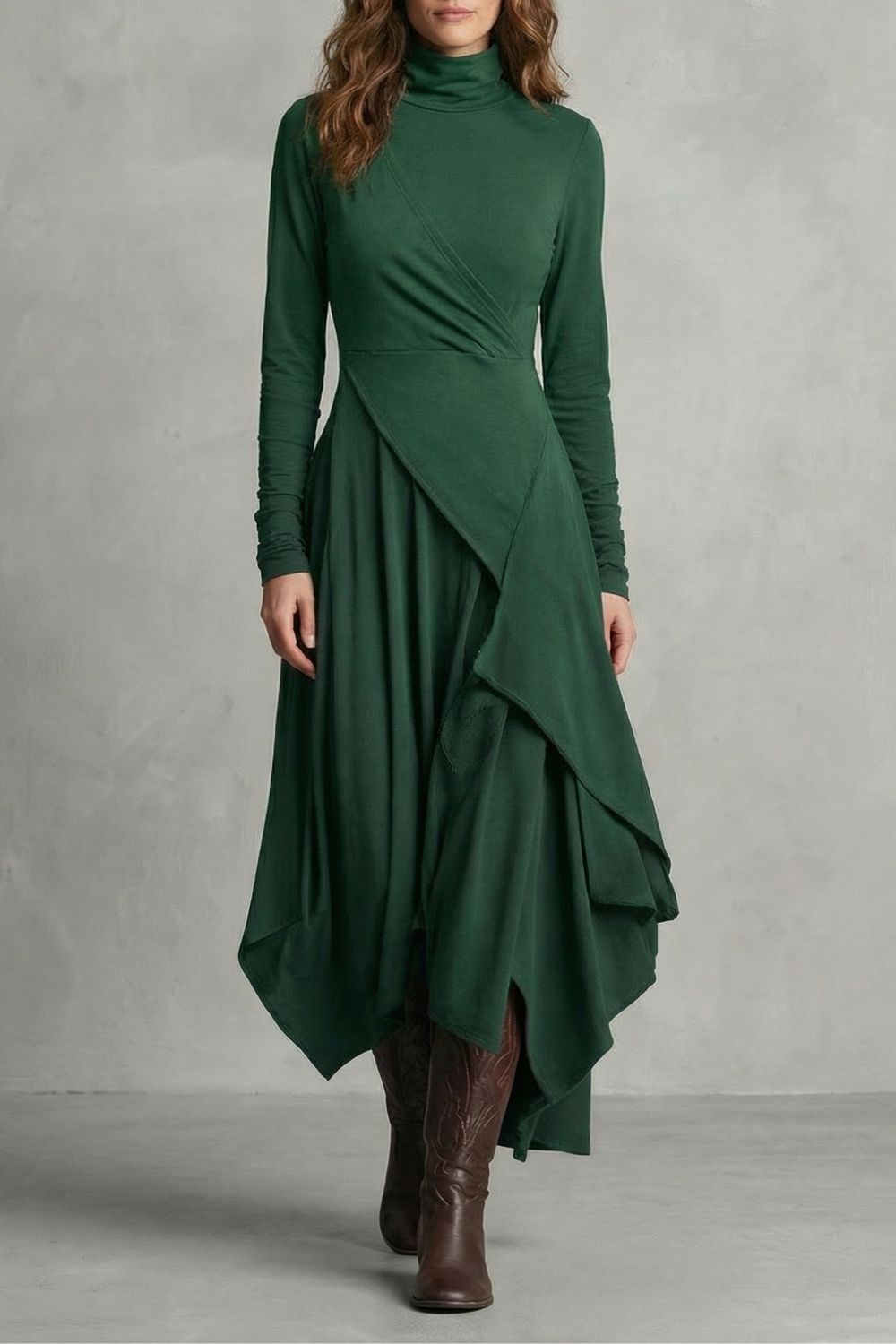 Sorellia – Drappeggio Asimmetrico – Abito Midi con Collo Alto