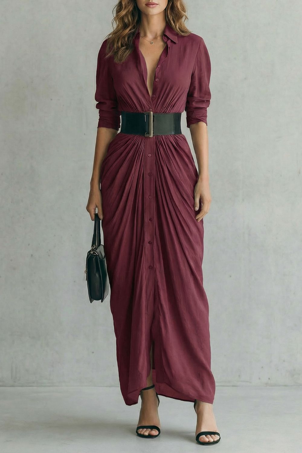 Solenzia – Abito Camicia Maxi Plissettato con Cintura