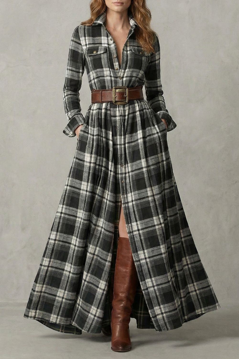 Velerine – Hoogland Charme – Abito Camicia Maxi a Quadri con Cintura