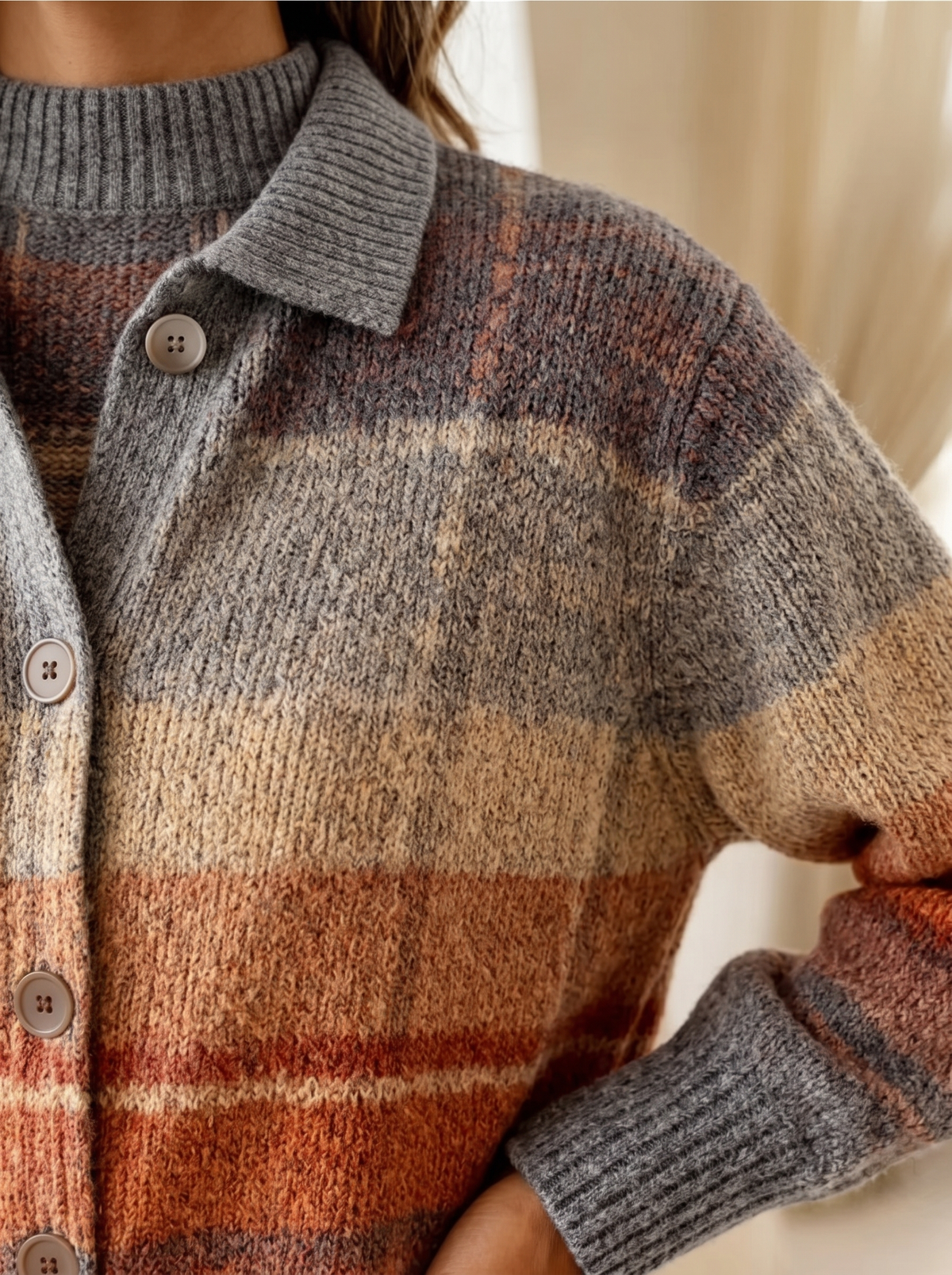 Cardigan a quadri ruggine dettaglio