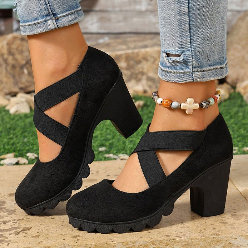 📢📢Sconto del 50%!!!🎉✨Scarpe Mary Jane da donna con punta tonda, cinturini incrociati, tacco a blocco, plateau e dettagli cut-out (modello con tacco alto)