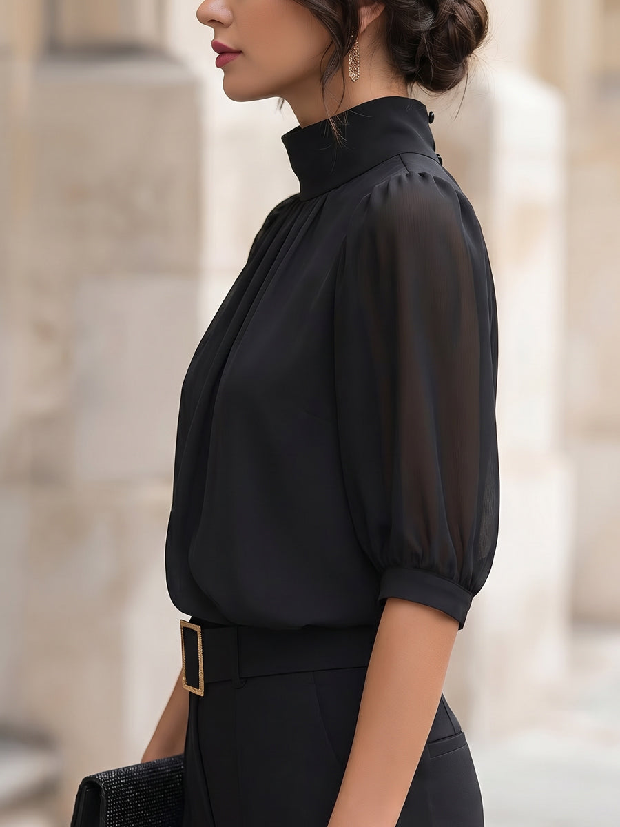 Blusa in Chiffon con Maniche a Sbuffo e Collo Alto