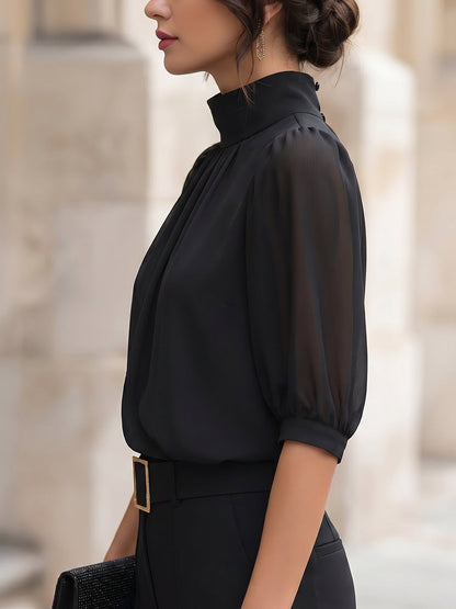 Blusa in Chiffon con Maniche a Sbuffo e Collo Alto