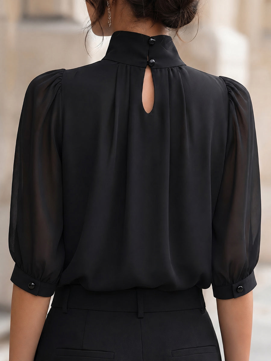 Blusa in Chiffon con Maniche a Sbuffo e Collo Alto