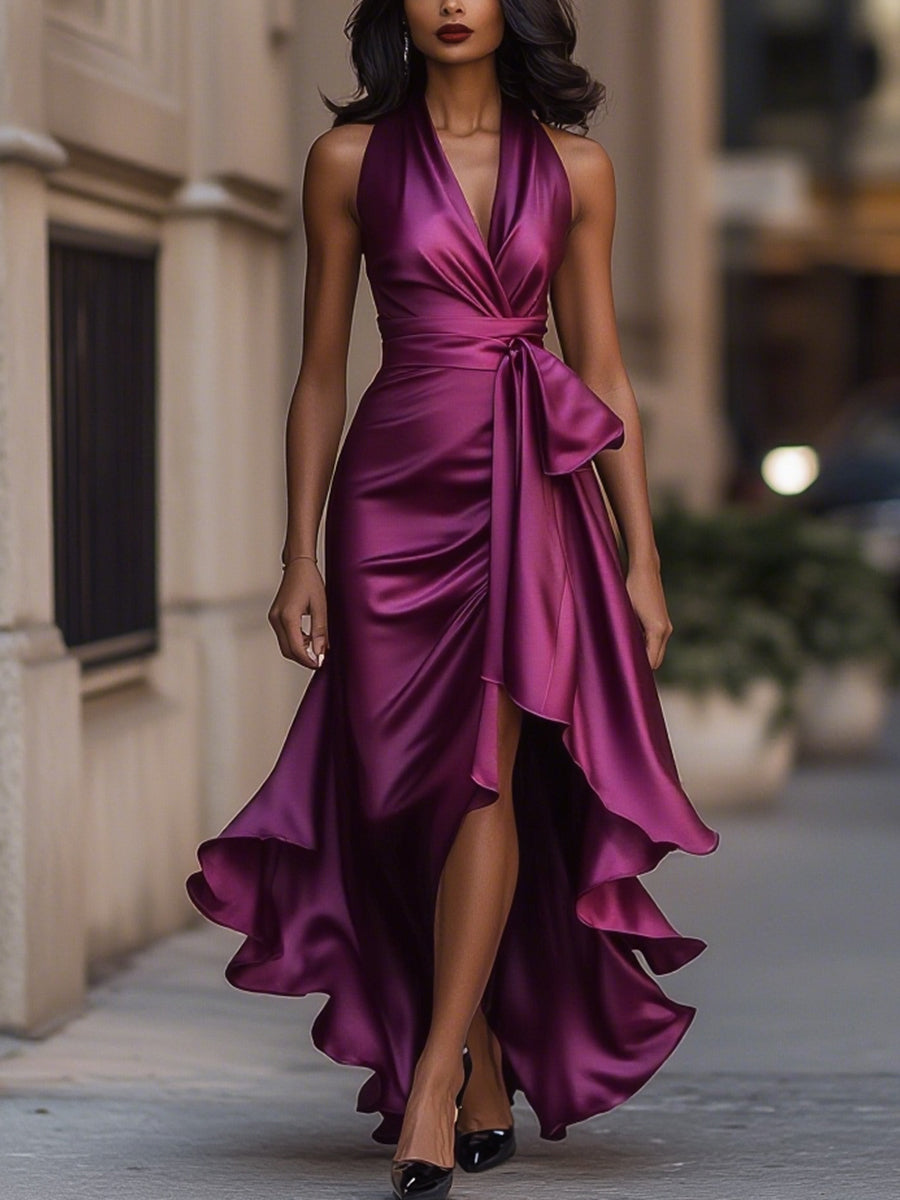 Abito lungo in raso fucsia