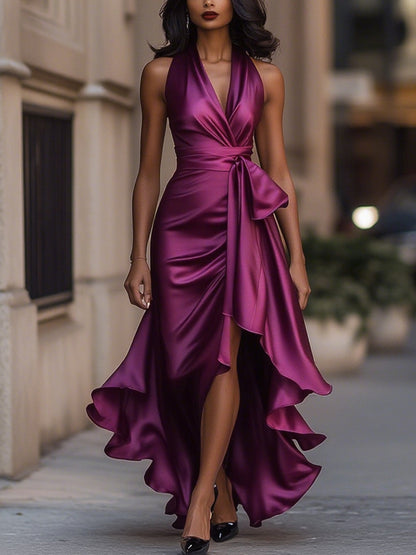 Abito lungo in raso fucsia