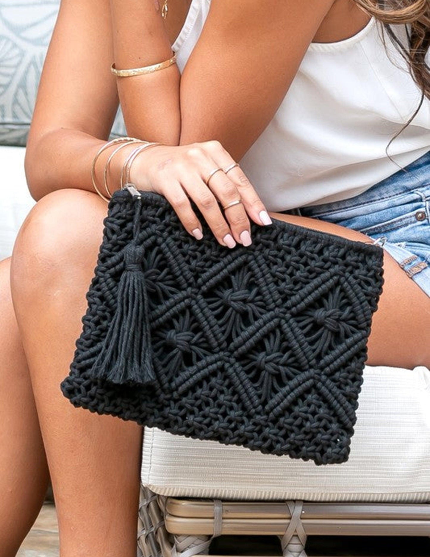 Borsa clutch in macramè con motivo a diamante, stile Boho - Accessorio artigianale