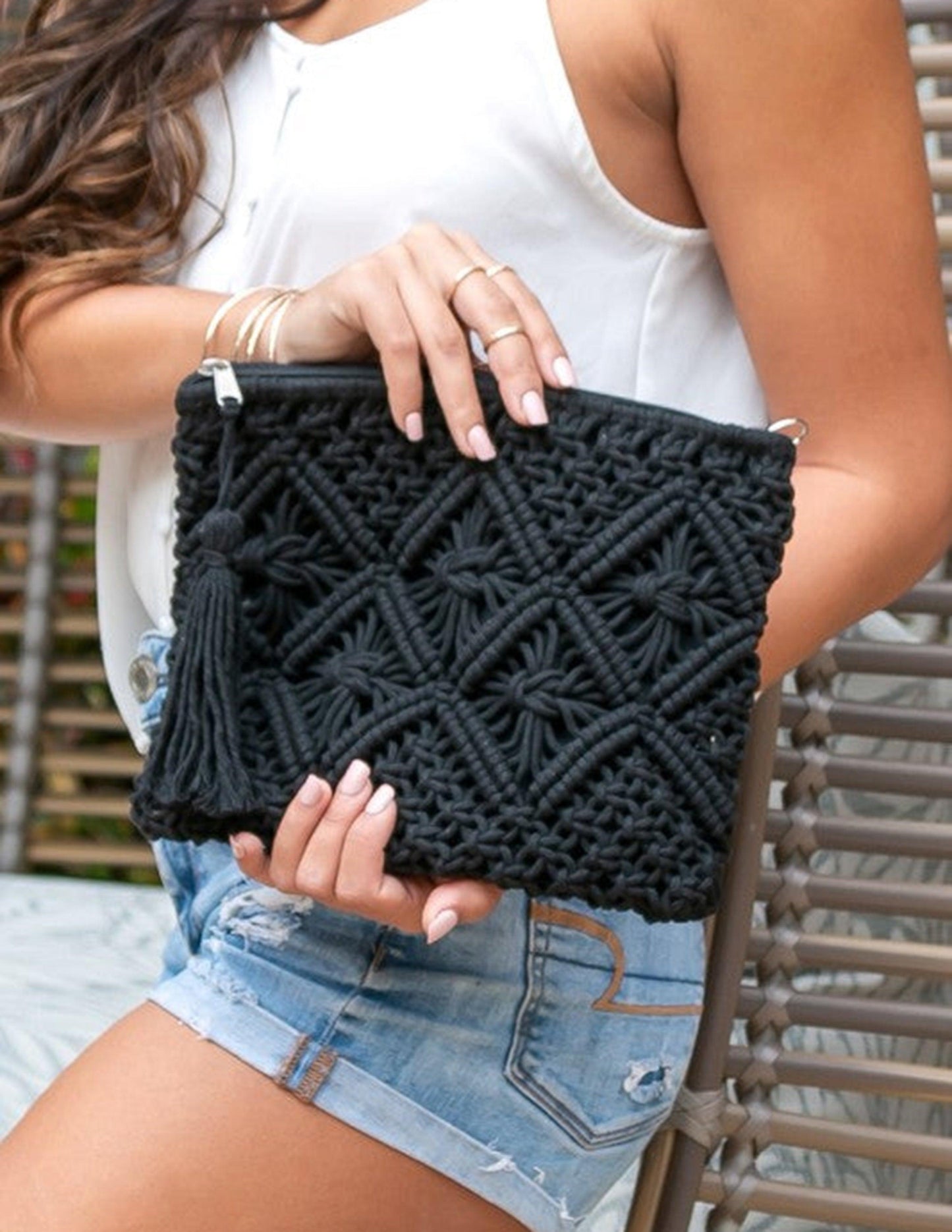 Borsa clutch in macramè con motivo a diamante, stile Boho - Accessorio artigianale