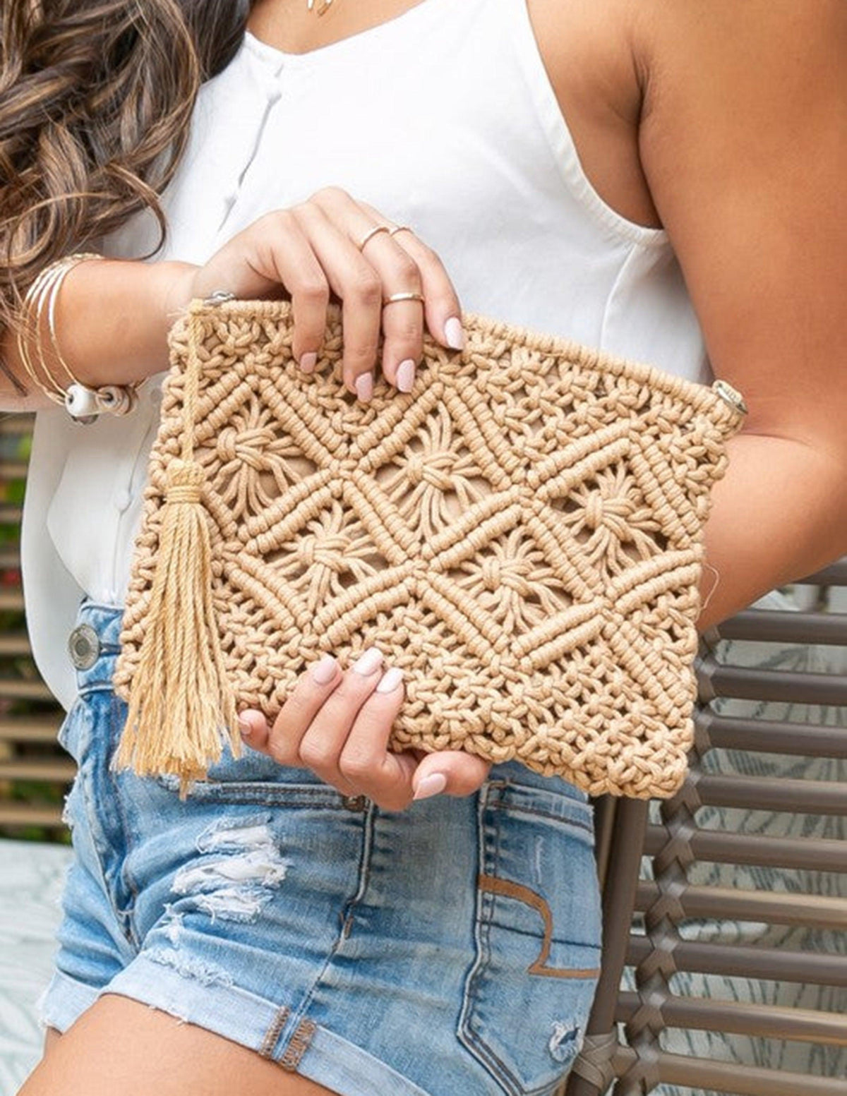 Borsa clutch in macramè con motivo a diamante, stile Boho - Accessorio artigianale