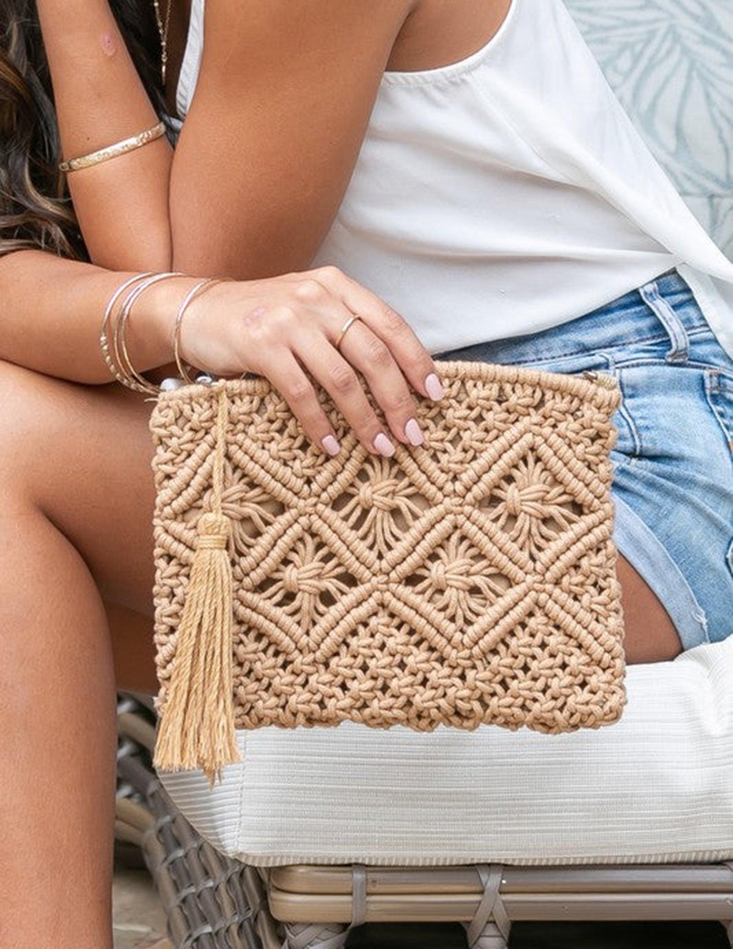 Borsa clutch in macramè con motivo a diamante, stile Boho - Accessorio artigianale