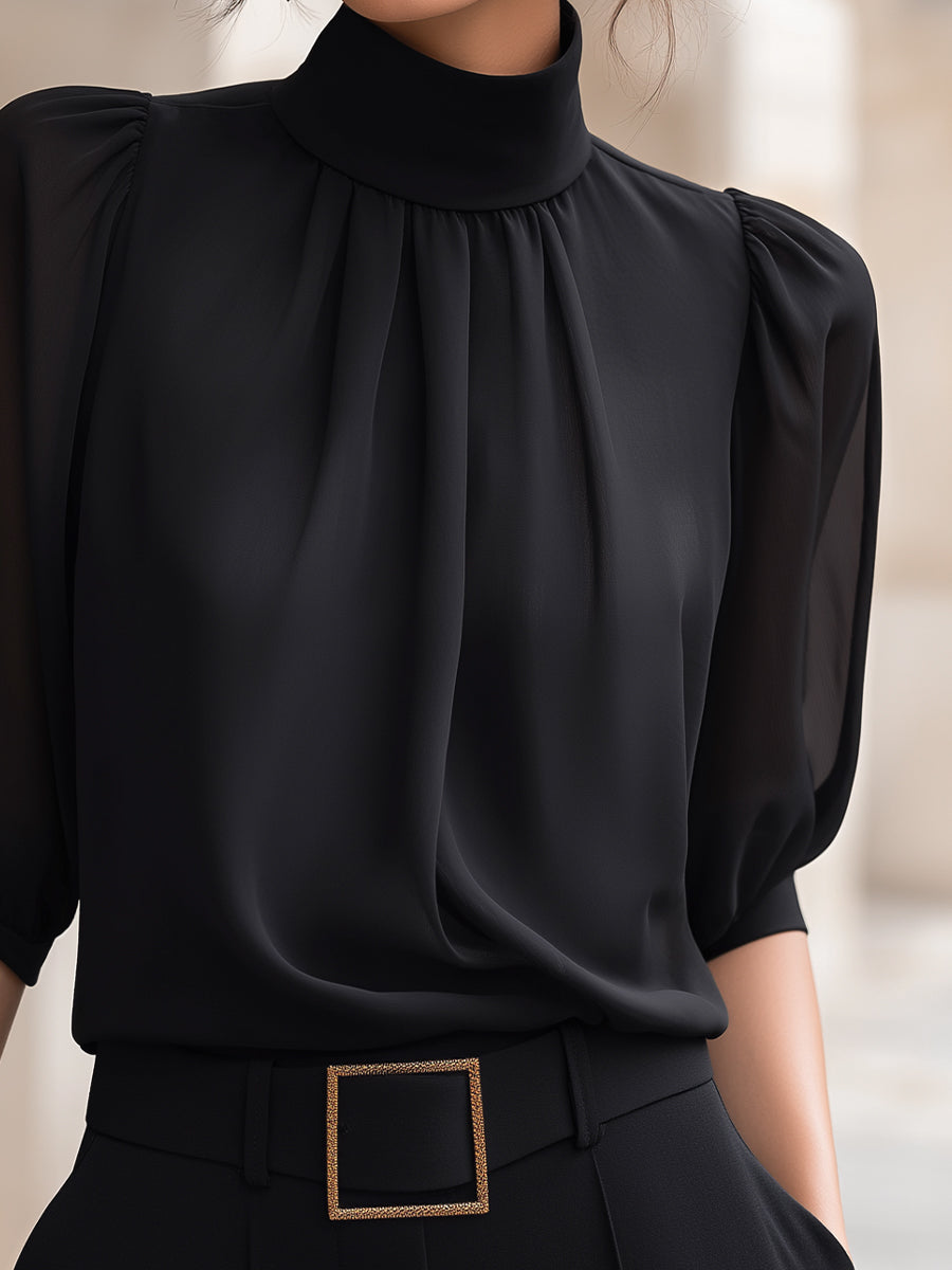 Blusa in Chiffon con Maniche a Sbuffo e Collo Alto
