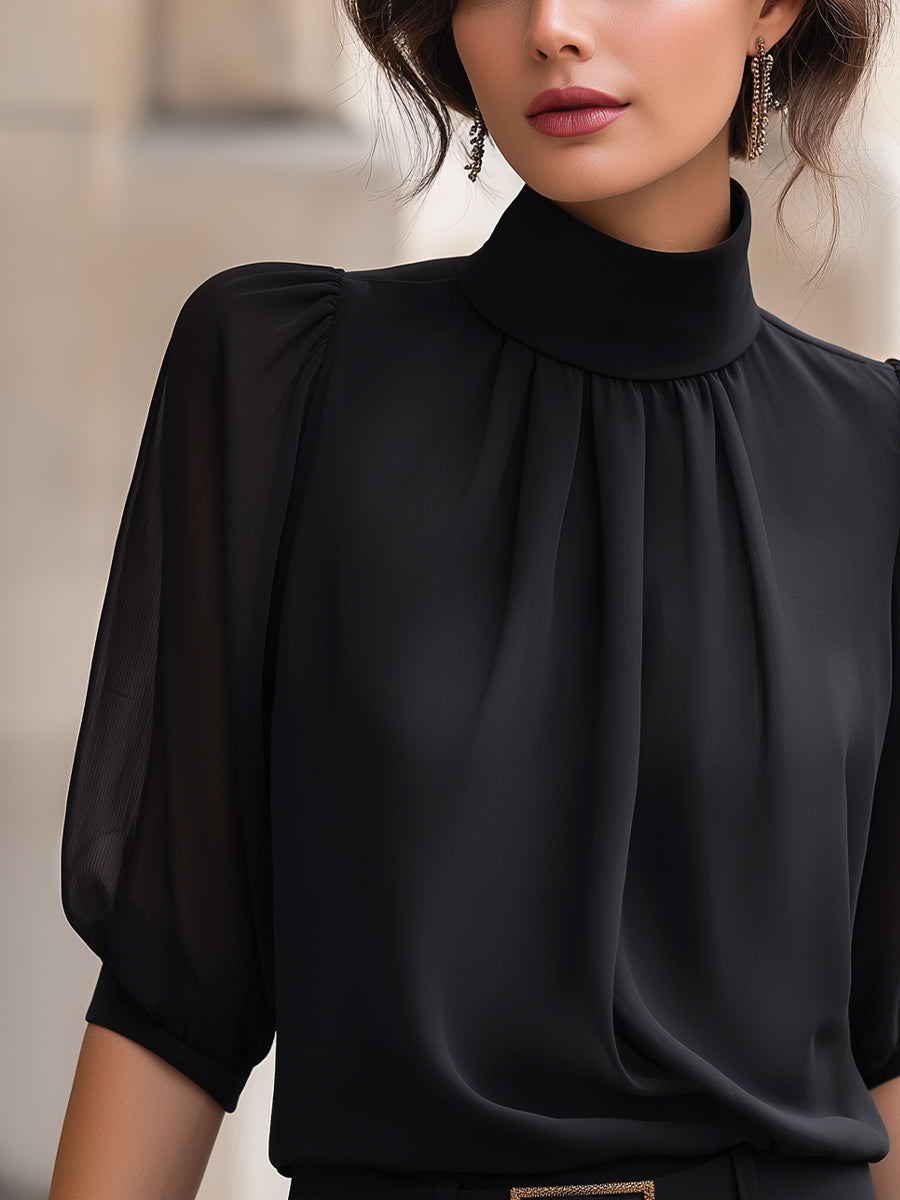 Blusa in Chiffon con Maniche a Sbuffo e Collo Alto