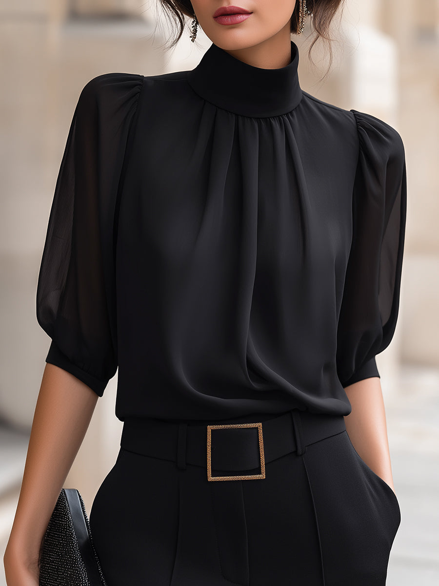 Blusa in Chiffon con Maniche a Sbuffo e Collo Alto