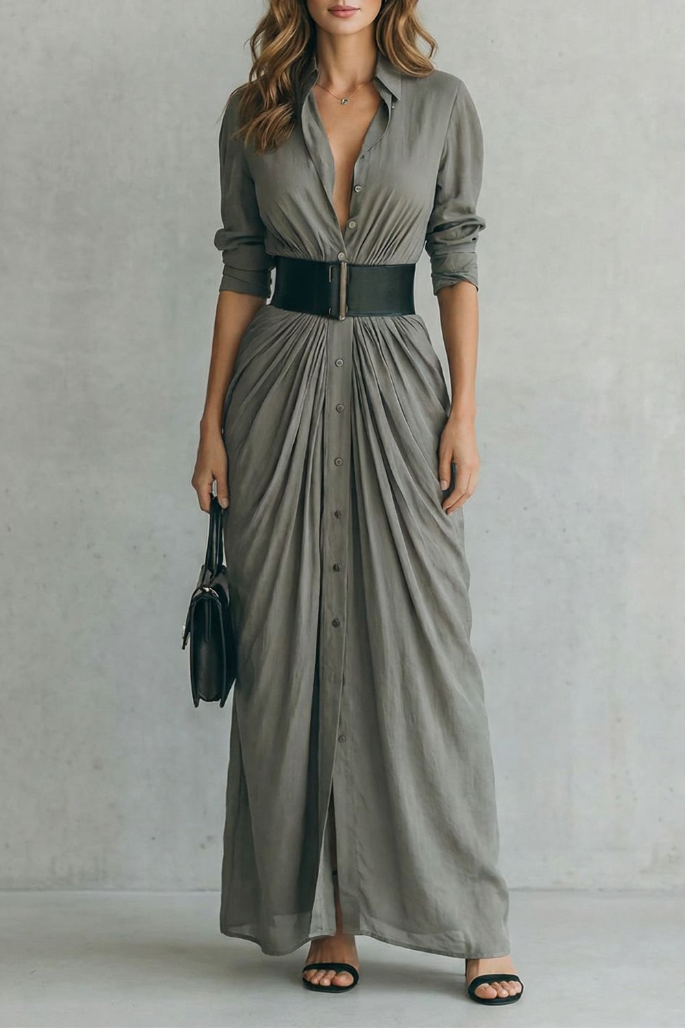 Solenzia – Abito Camicia Maxi Plissettato con Cintura