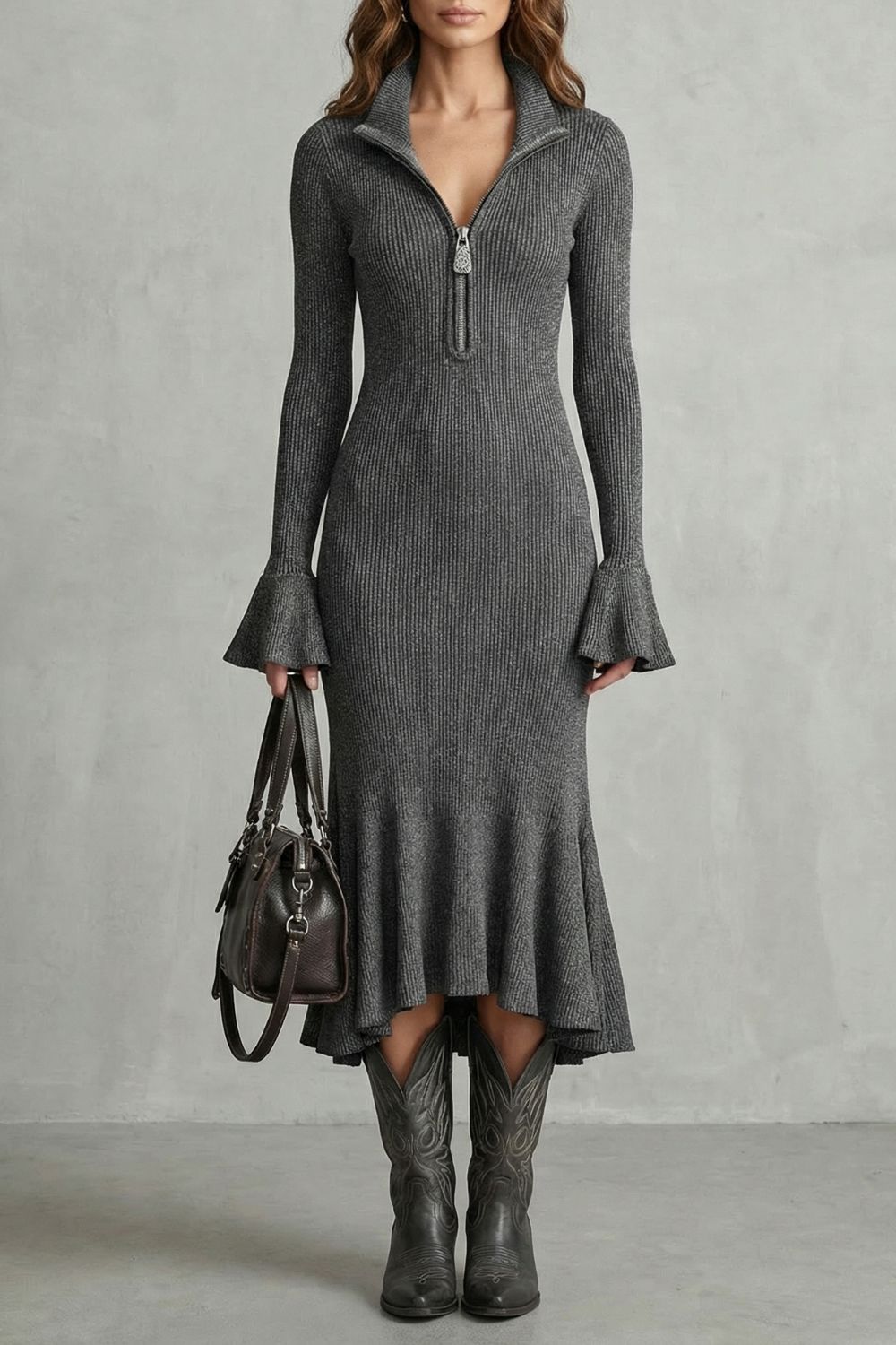 Veloria – Elegante Abito Midi con Maniche Svasate e Zip