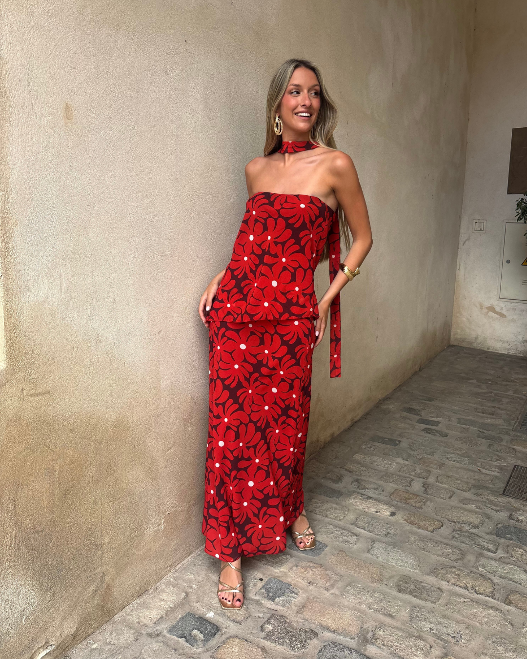 Abito lungo halter con stampa floreale