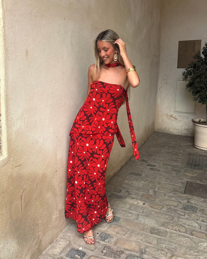 Abito lungo halter con stampa floreale
