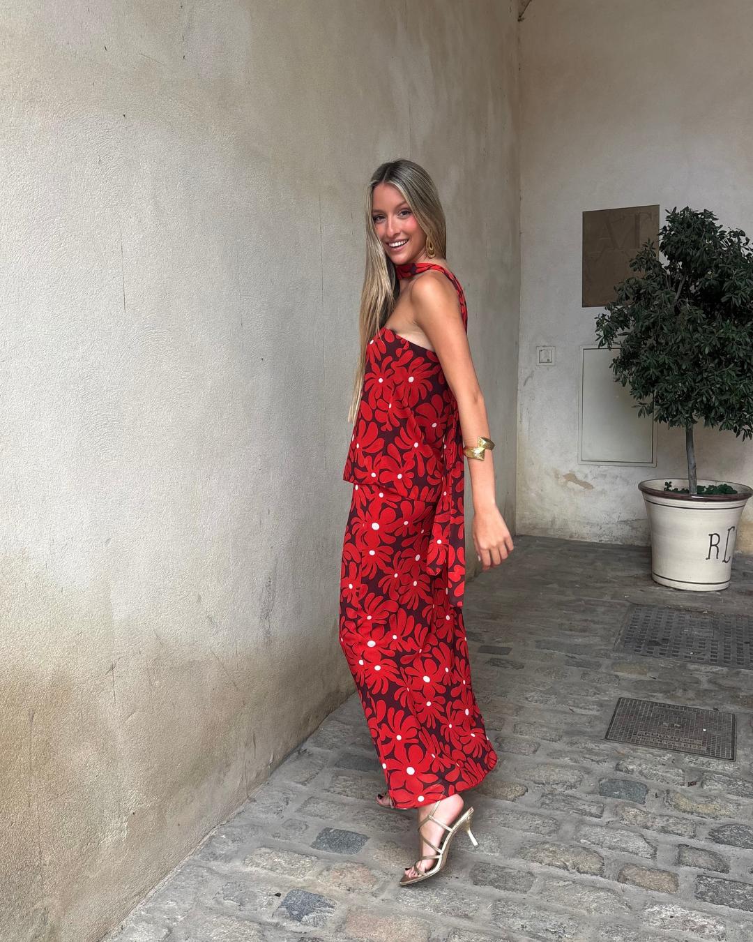 Abito lungo halter con stampa floreale