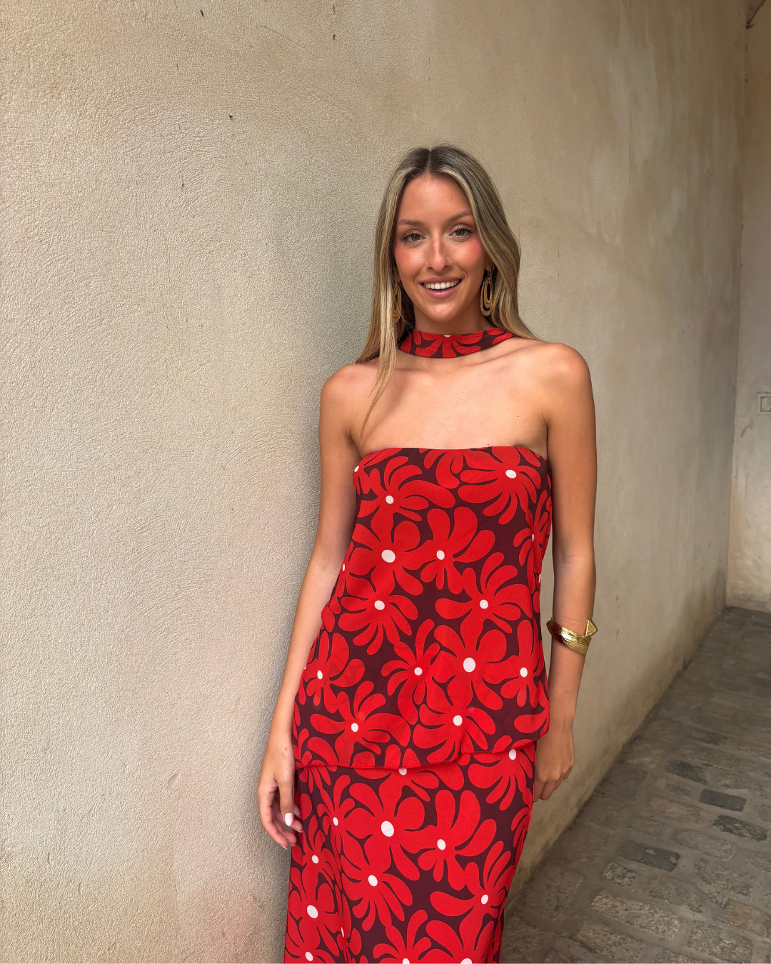 Abito lungo halter con stampa floreale
