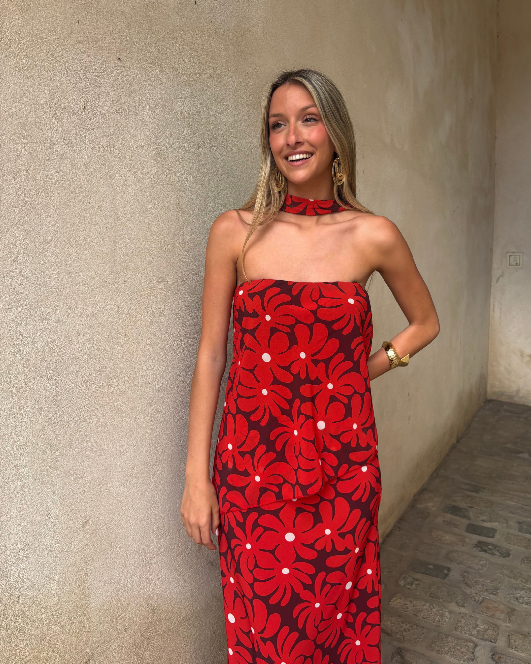 Abito lungo halter con stampa floreale