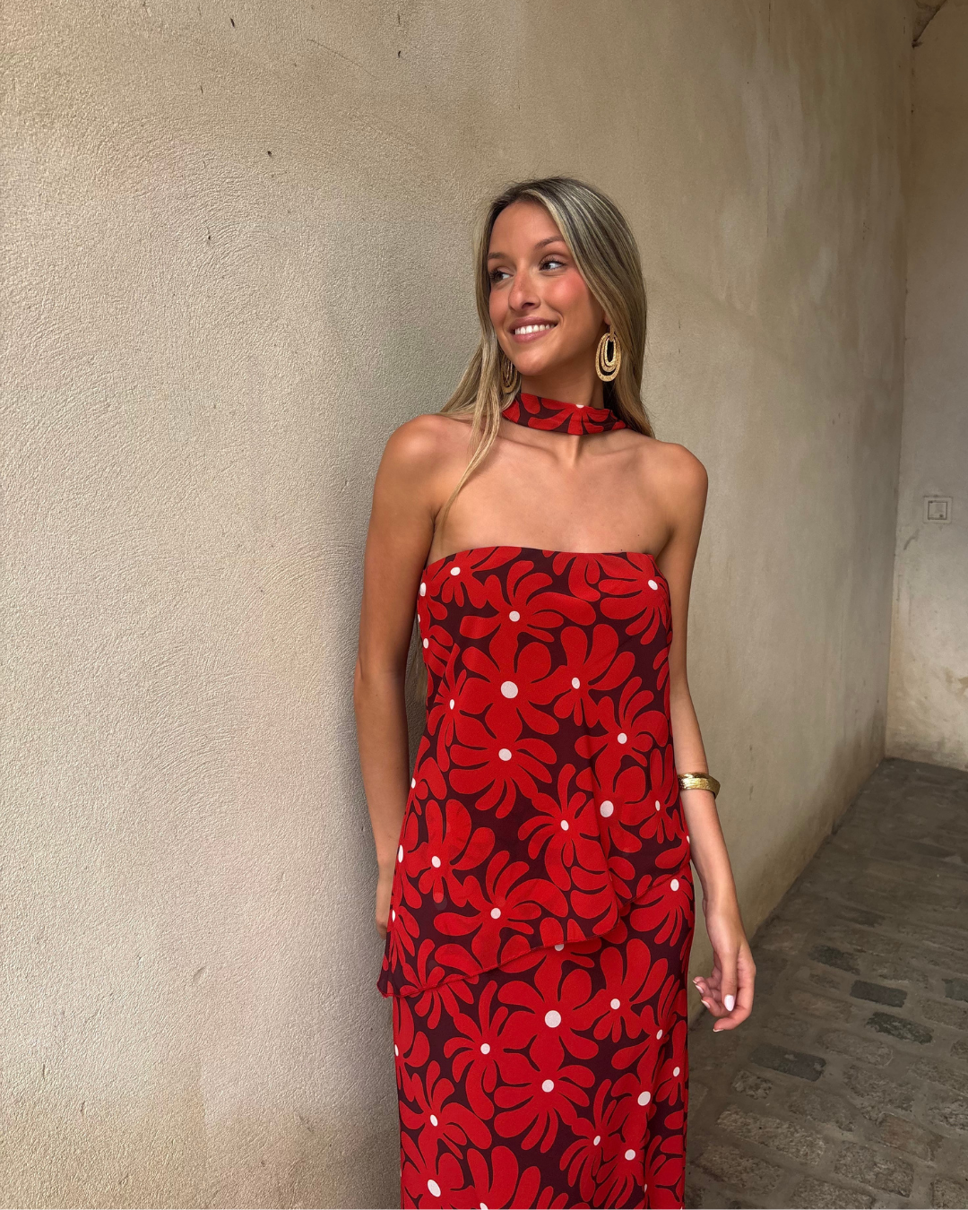Abito lungo halter con stampa floreale