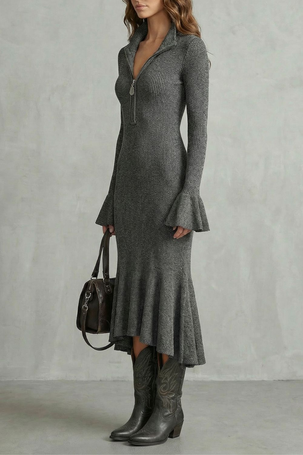 Veloria – Elegante Abito Midi con Maniche Svasate e Zip