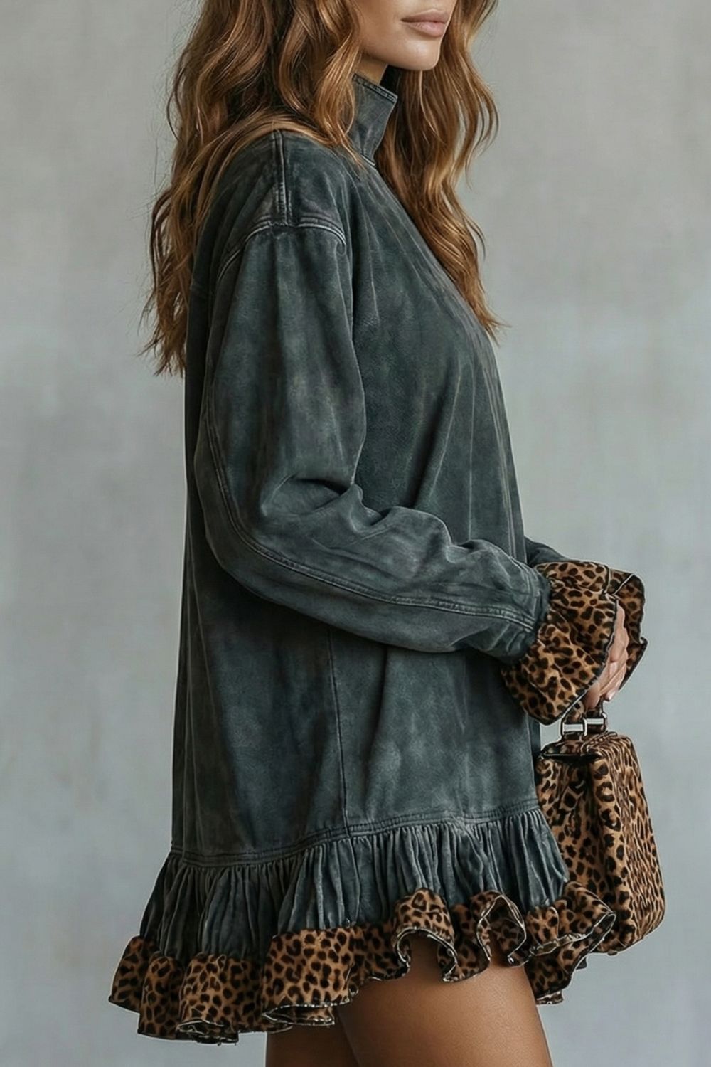 Selvatta – Mini-abito in suede con stampa leopardata e rouches