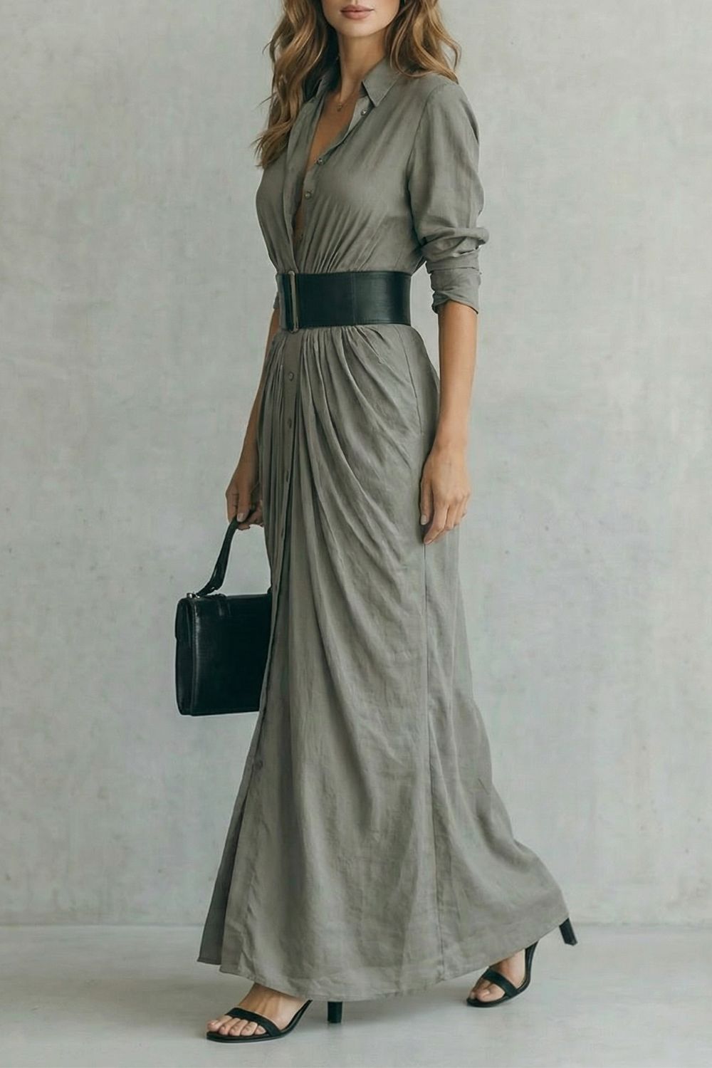 Solenzia – Abito Camicia Maxi Plissettato con Cintura