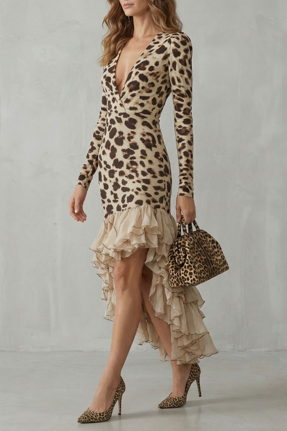 Lioraé – Abito midi con stampa leopardata e bordo arricciato