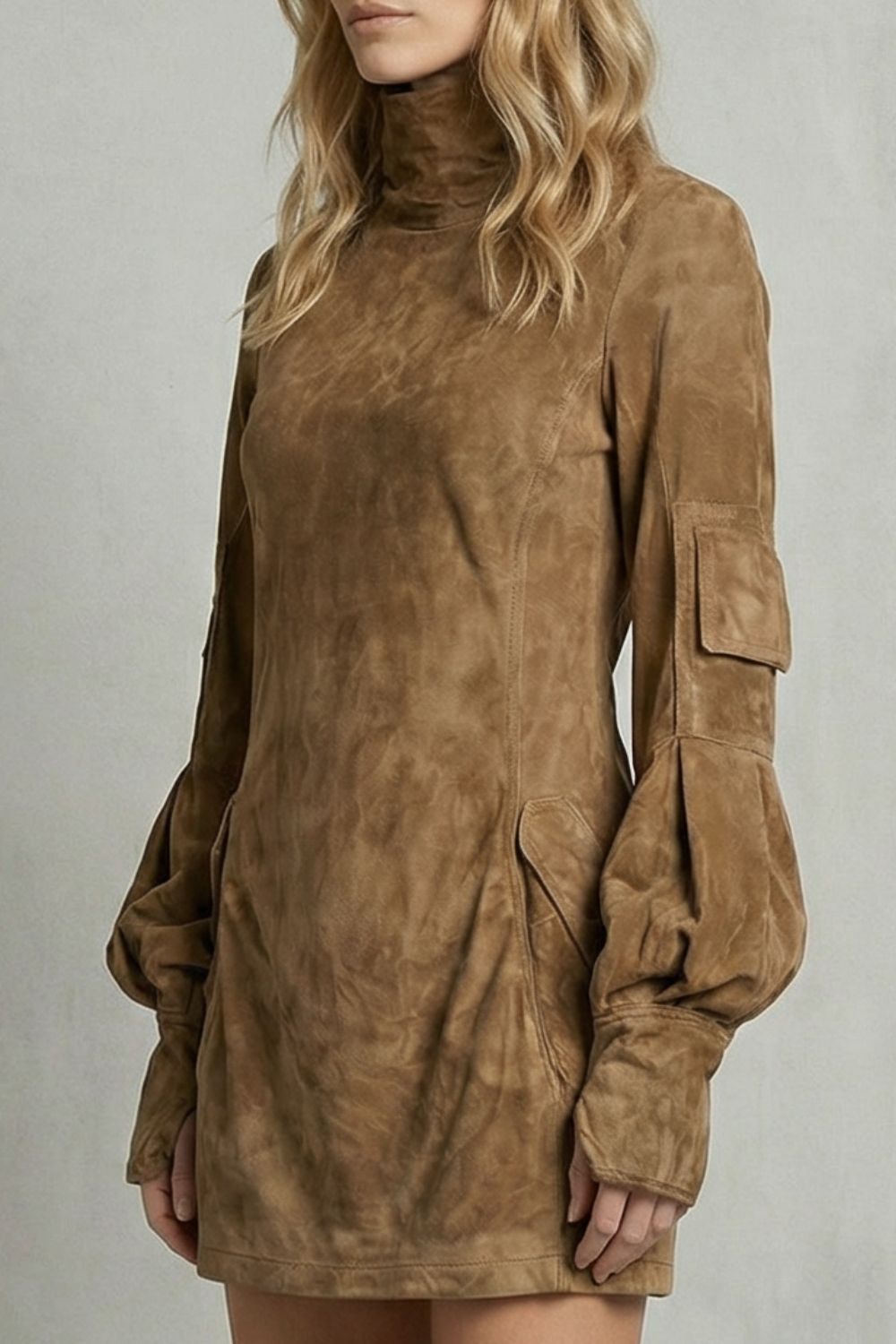 Marcella – Silhouette con Collo Alto – Mini Abito con Effetto Suede