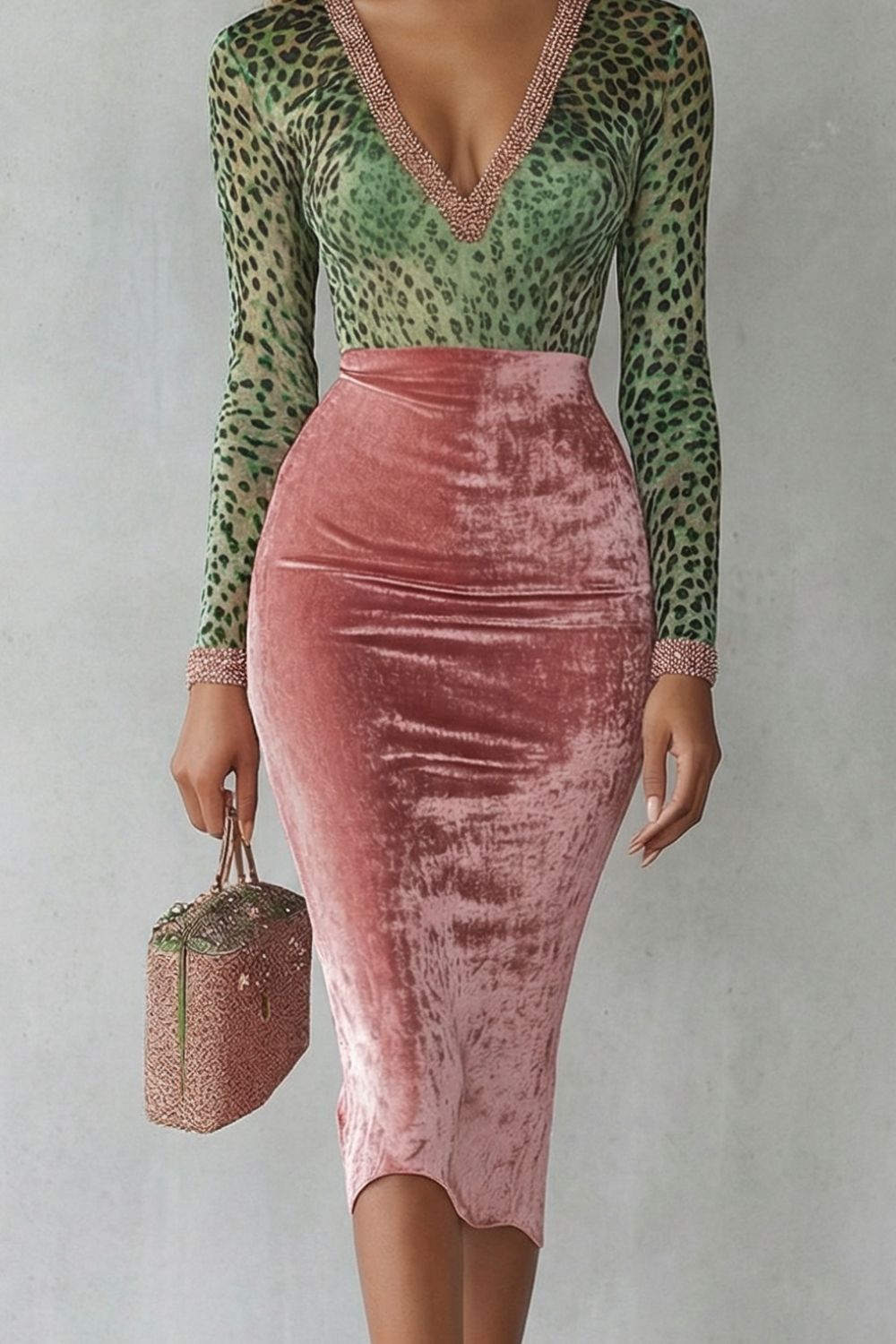 Virelline – Abito Midi Bodycon in Velluto con Stampa Leopardo a Contrasto