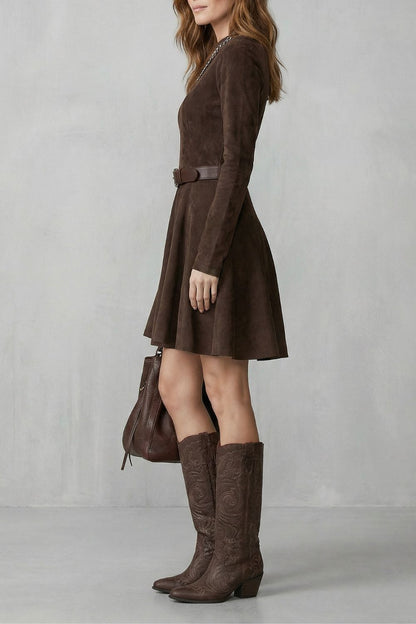 Cavellina – Abito Mini con Effetto Suede e Cintura (Cintura Inclusa)