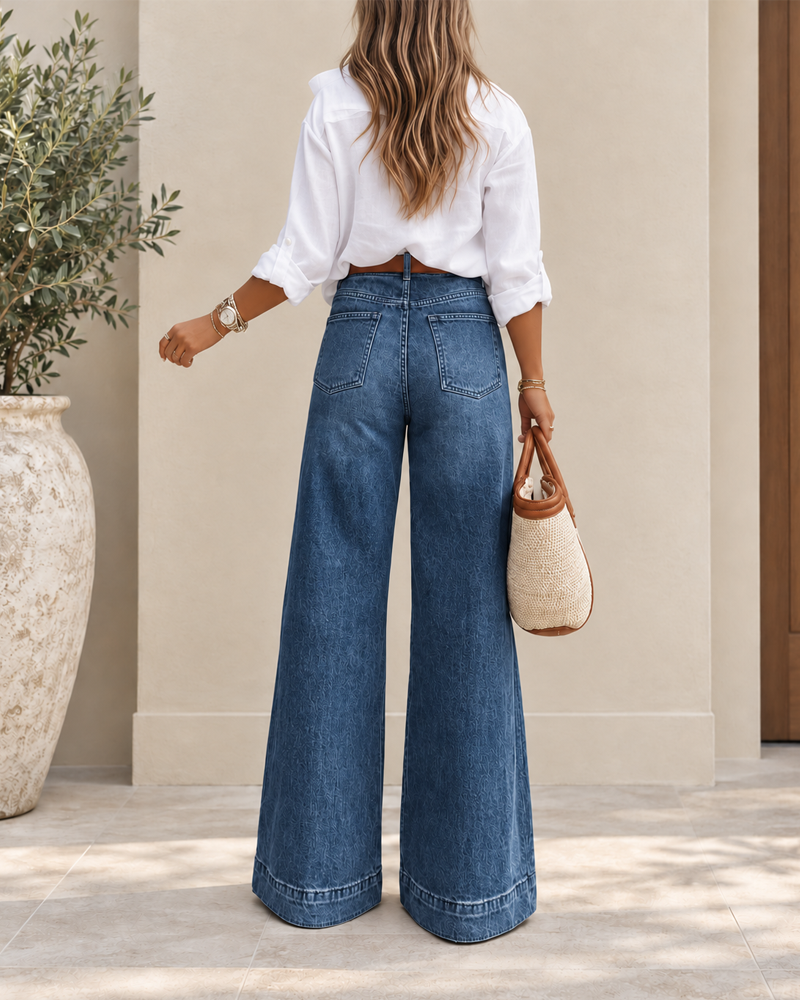 Eleganti jeans a vita alta con gamba extra larga