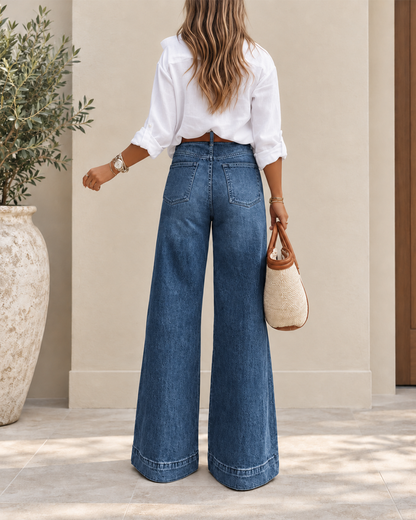Eleganti jeans a vita alta con gamba extra larga