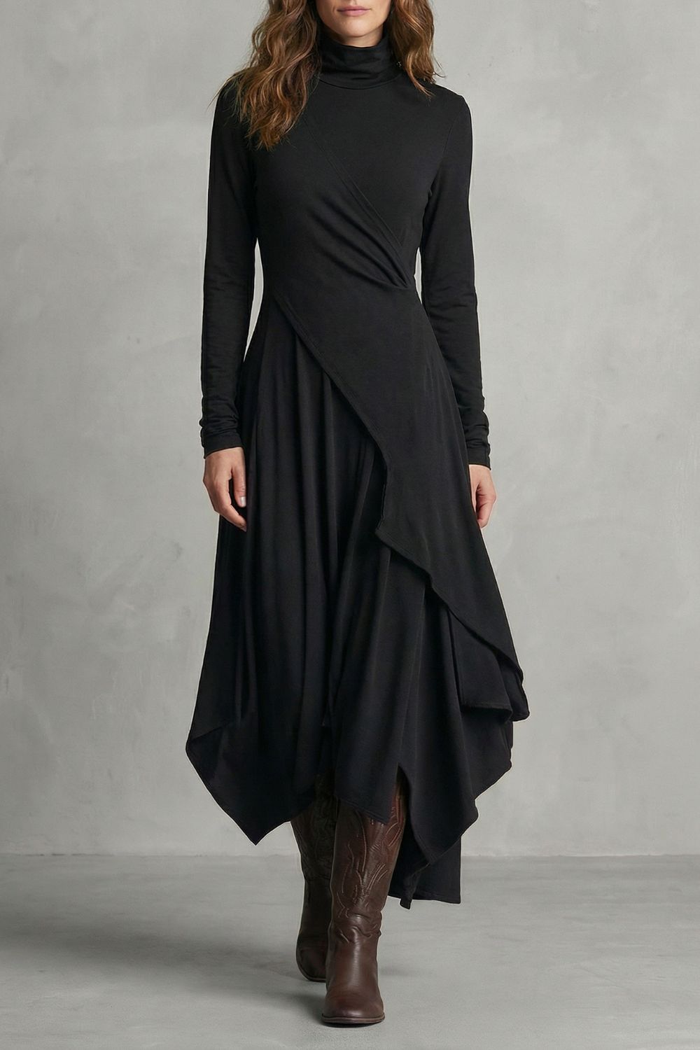 Sorellia – Drappeggio Asimmetrico – Abito Midi con Collo Alto