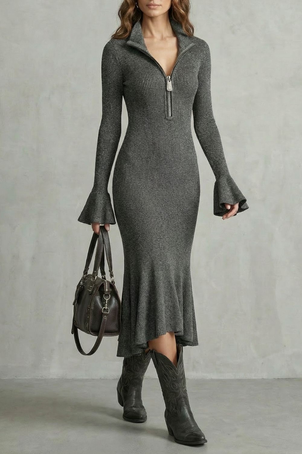 Veloria – Elegante Abito Midi con Maniche Svasate e Zip
