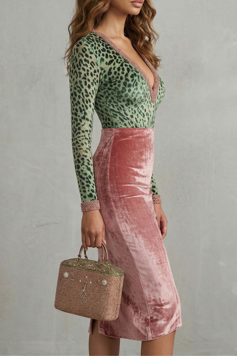 Virelline – Abito Midi Bodycon in Velluto con Stampa Leopardo a Contrasto