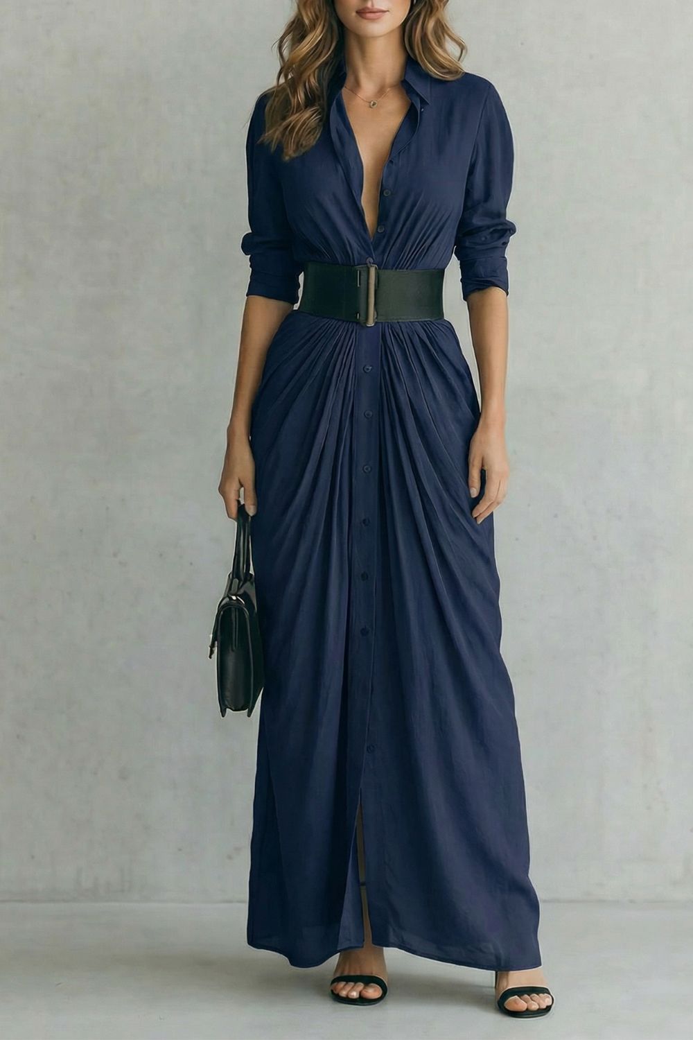 Solenzia – Abito Camicia Maxi Plissettato con Cintura