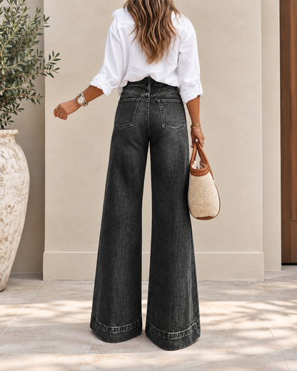 Eleganti jeans a vita alta con gamba extra larga