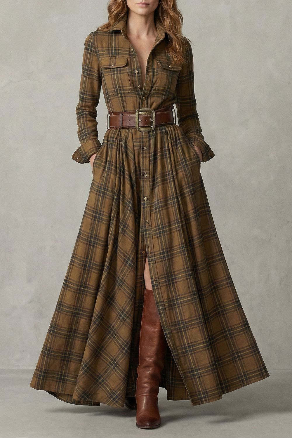 Velerine – Hoogland Charme – Abito Camicia Maxi a Quadri con Cintura
