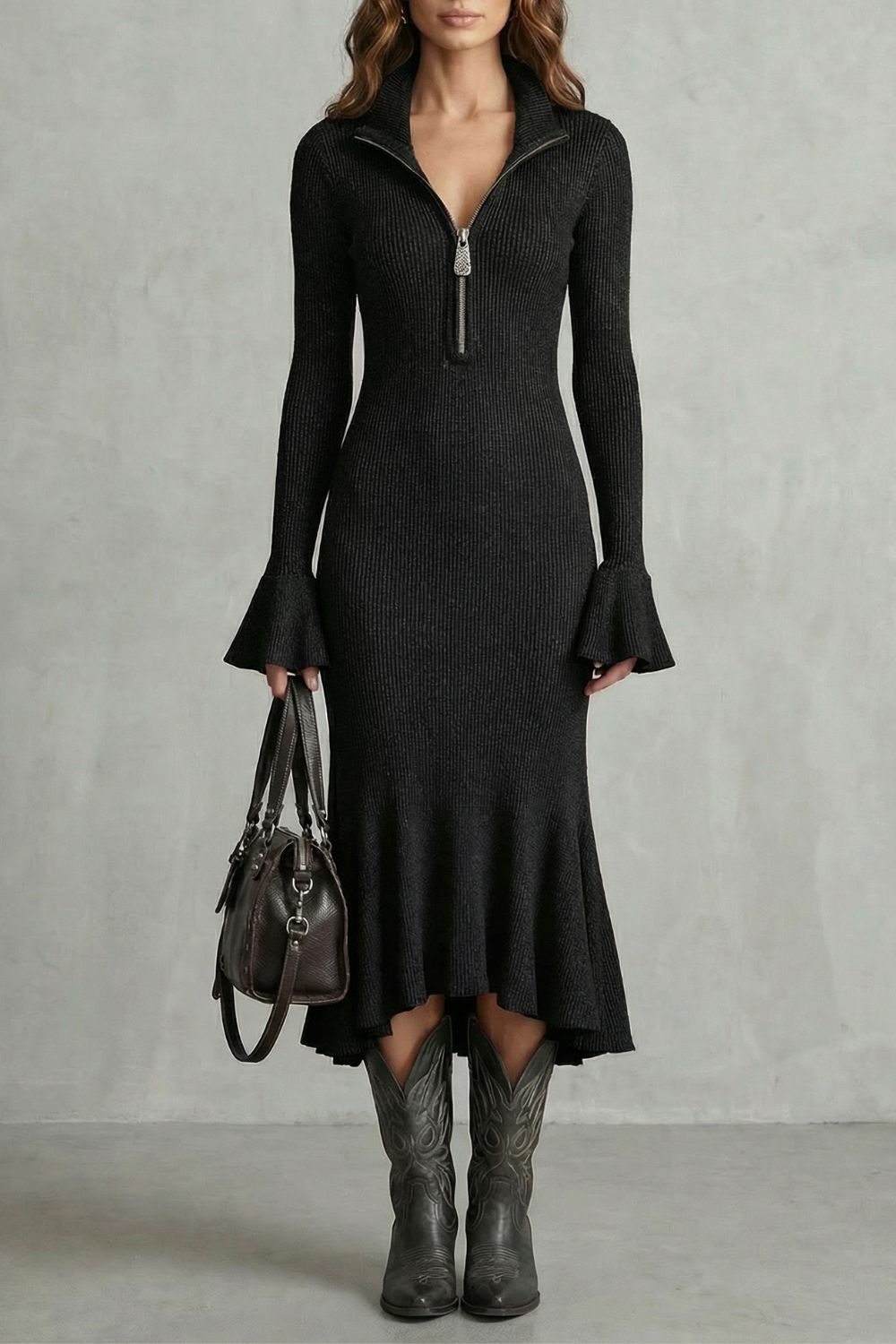 Veloria – Elegante Abito Midi con Maniche Svasate e Zip