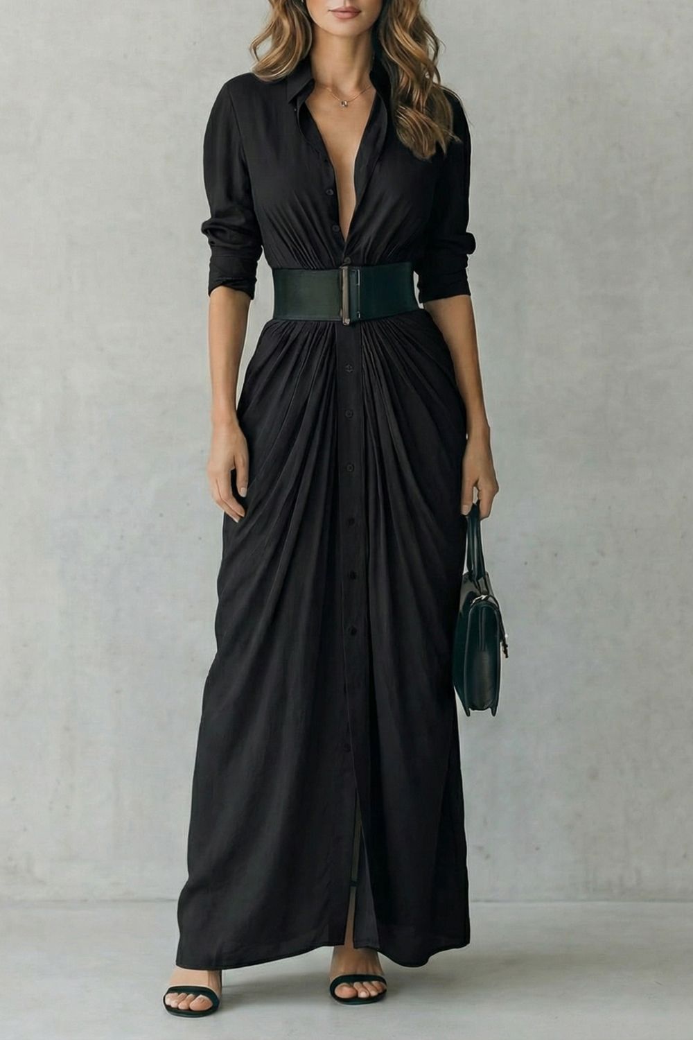 Solenzia – Abito Camicia Maxi Plissettato con Cintura