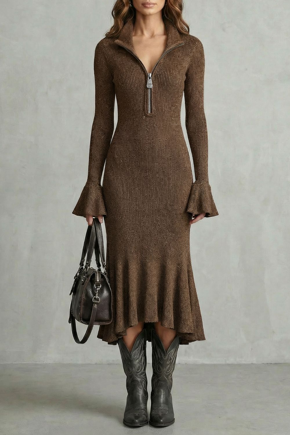 Veloria – Elegante Abito Midi con Maniche Svasate e Zip
