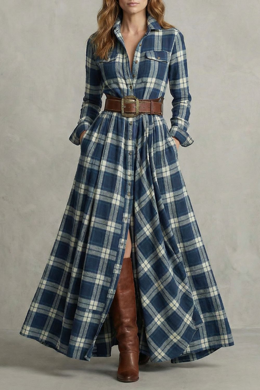 Velerine – Hoogland Charme – Abito Camicia Maxi a Quadri con Cintura