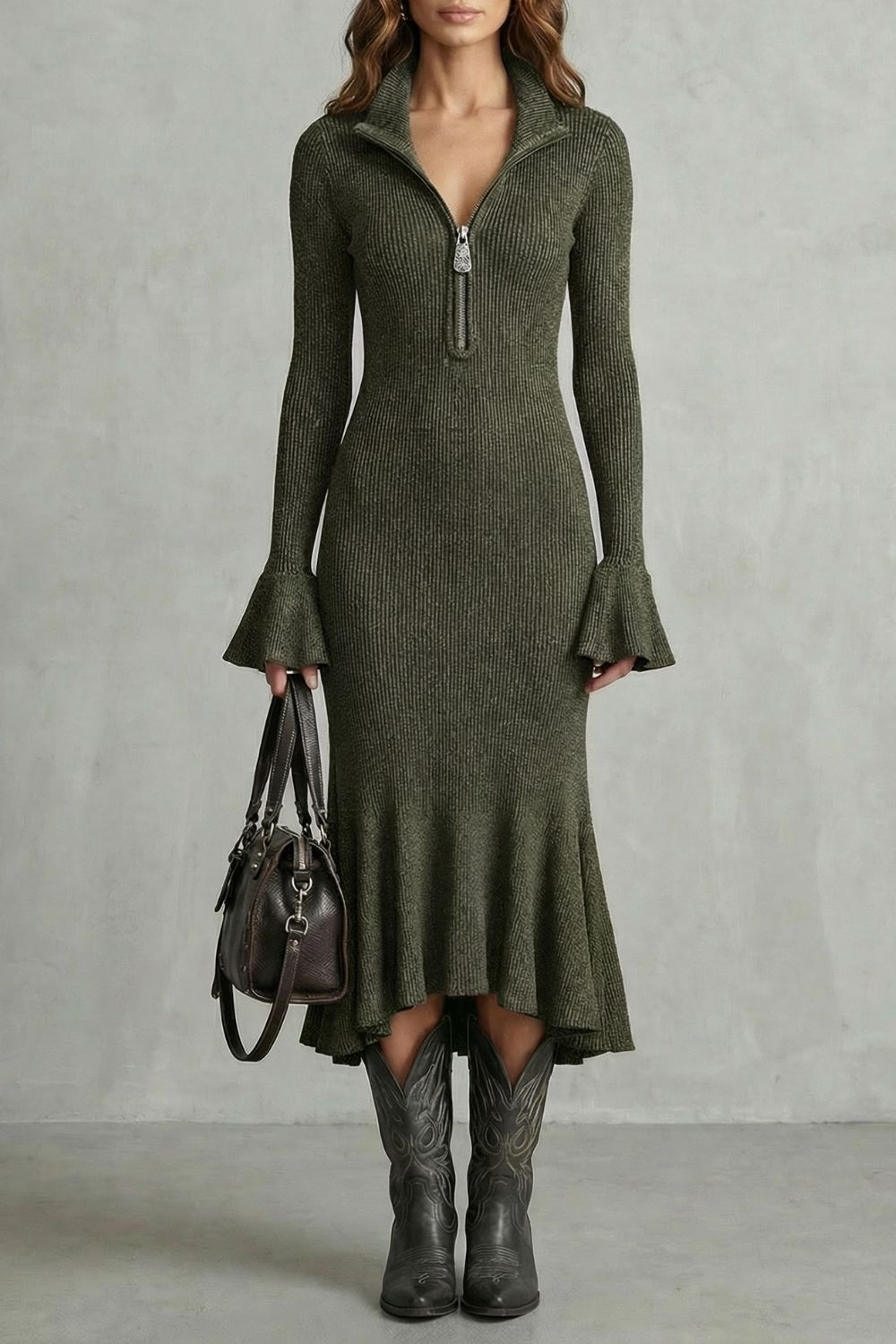 Veloria – Elegante Abito Midi con Maniche Svasate e Zip