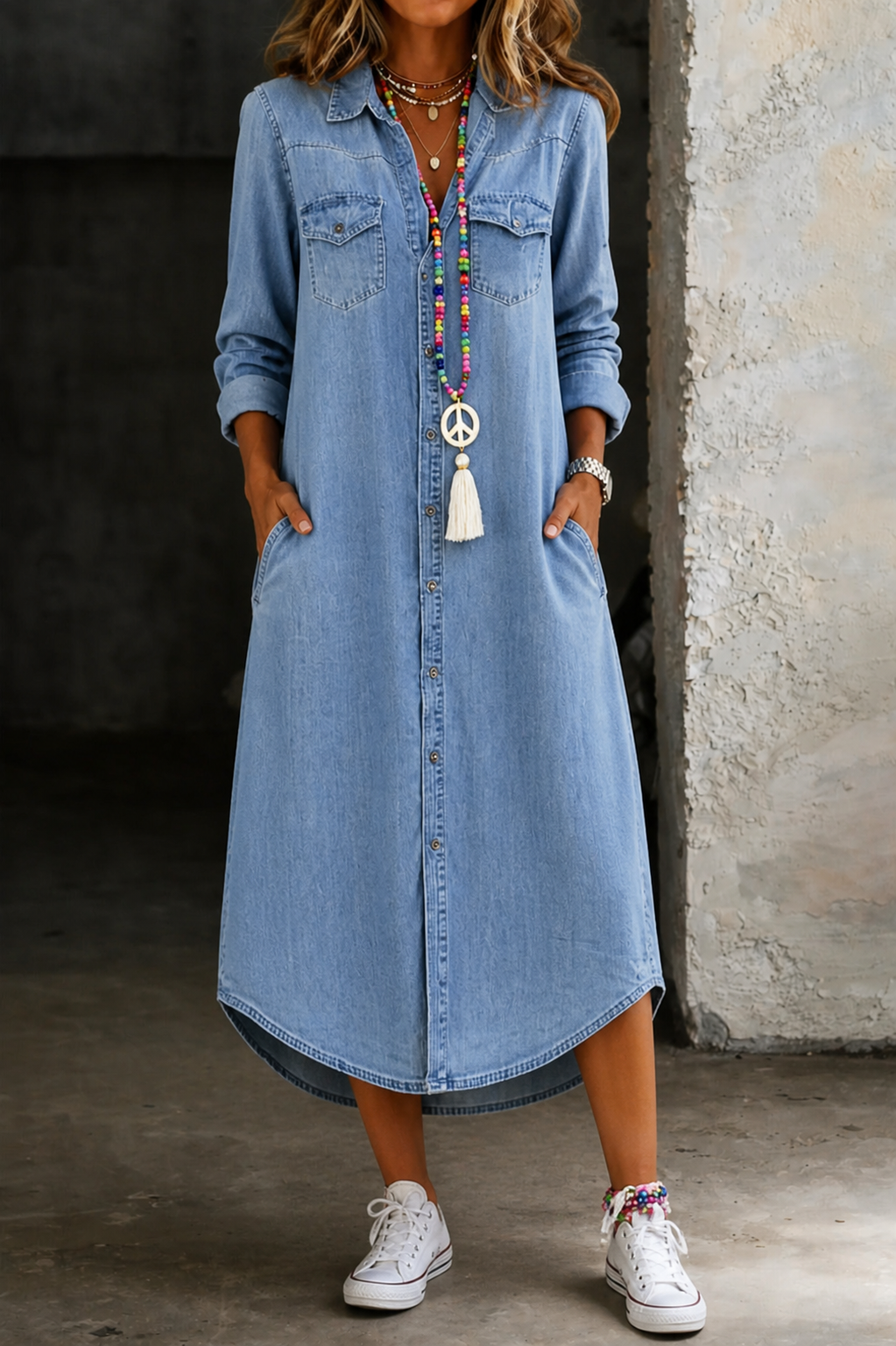 Helen | Vestito Camicia Lungo in Denim Elegante e Casual