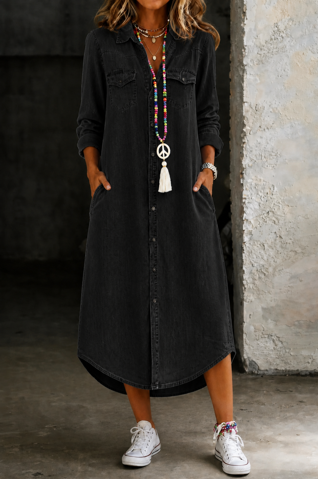 Helen | Vestito Camicia Lungo in Denim Elegante e Casual