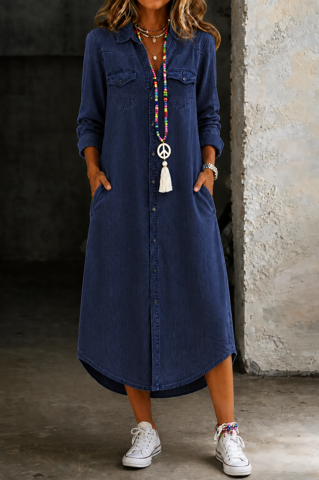 Helen | Vestito Camicia Lungo in Denim Elegante e Casual