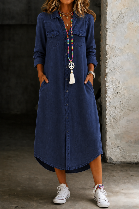 Helen | Vestito Camicia Lungo in Denim Elegante e Casual